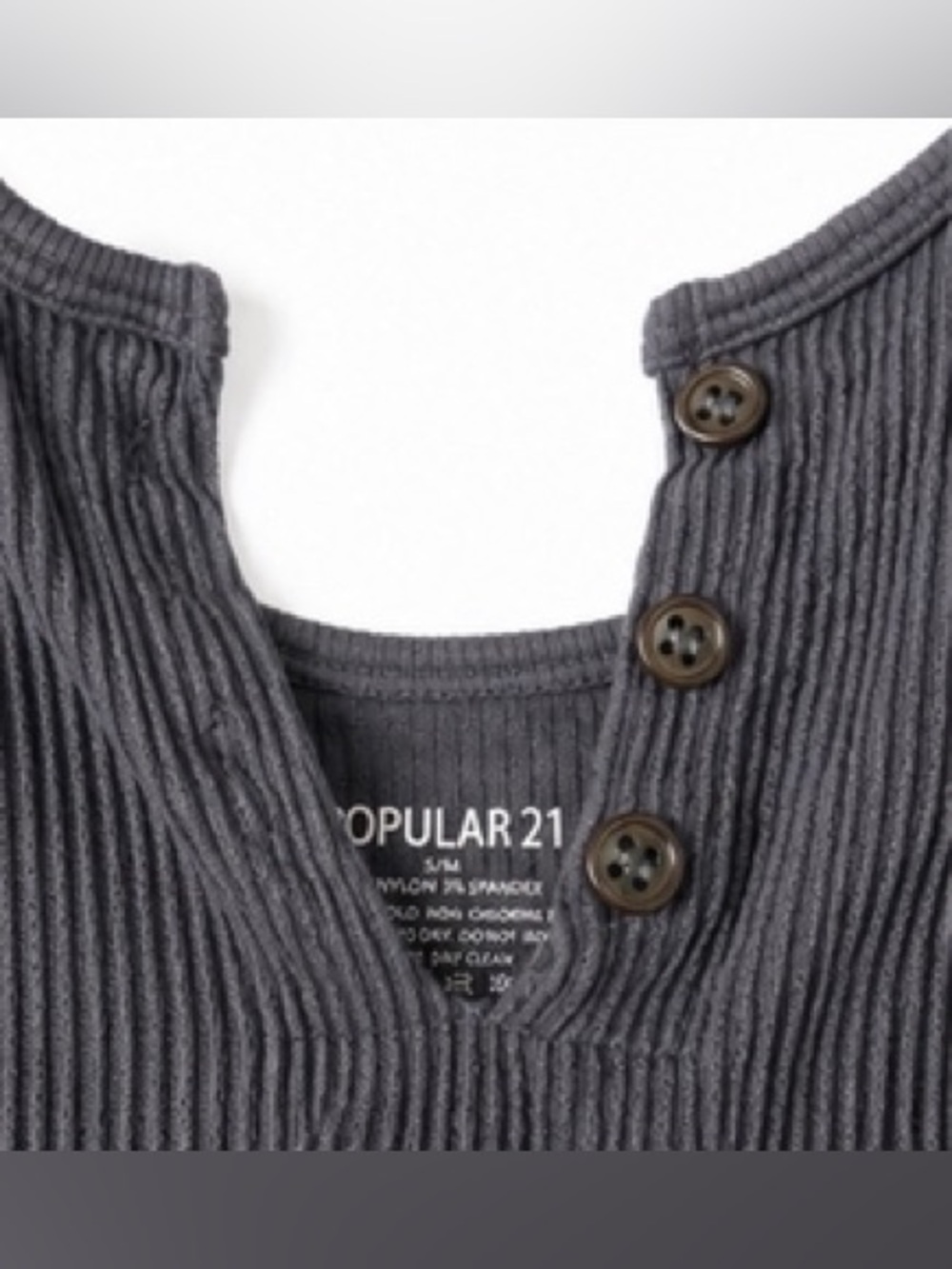 Women’s Gray Ribbed Tank Top with Button Placket - Picture 2 of 4